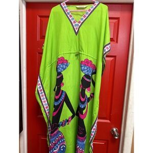 Shore Drive Lime Green Graphic Kaftan Dress V-Neck Rhinestone One Size Fits All